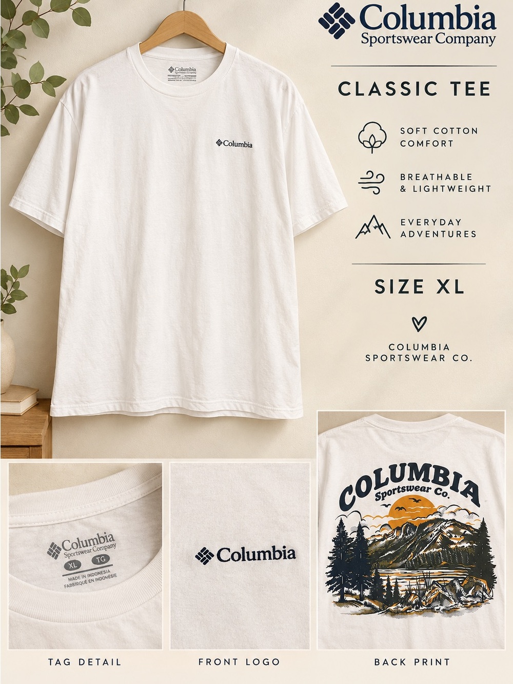 Columbia White Short Sleeve Tee with Scenic Back Print
